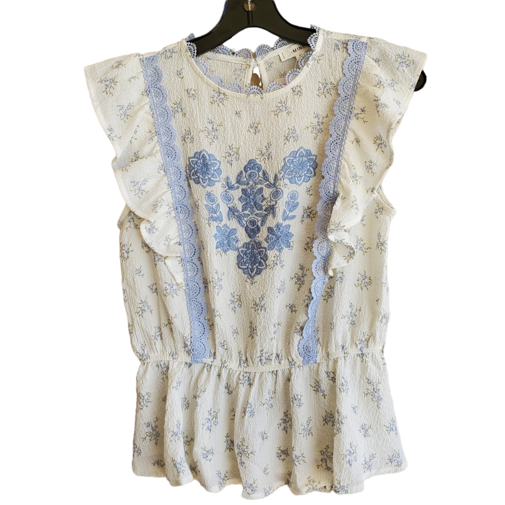 Mine White Blue Embroidered Floral Top Cinched Elastic Waist Lace Trim Crepe